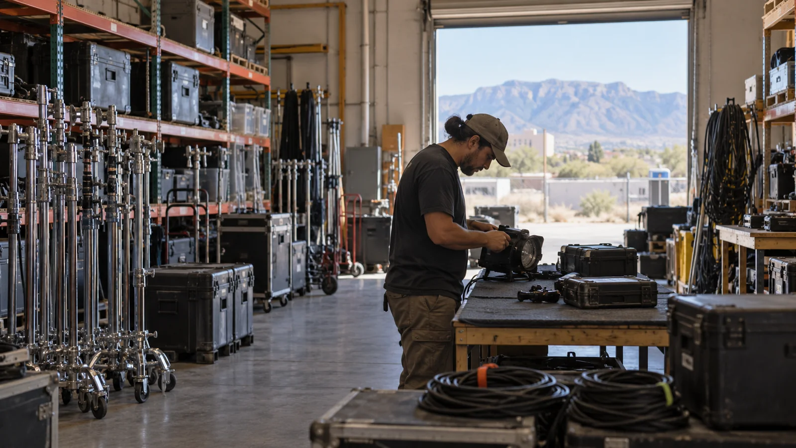 Film rental equipment arranged for inspection in a warehouse