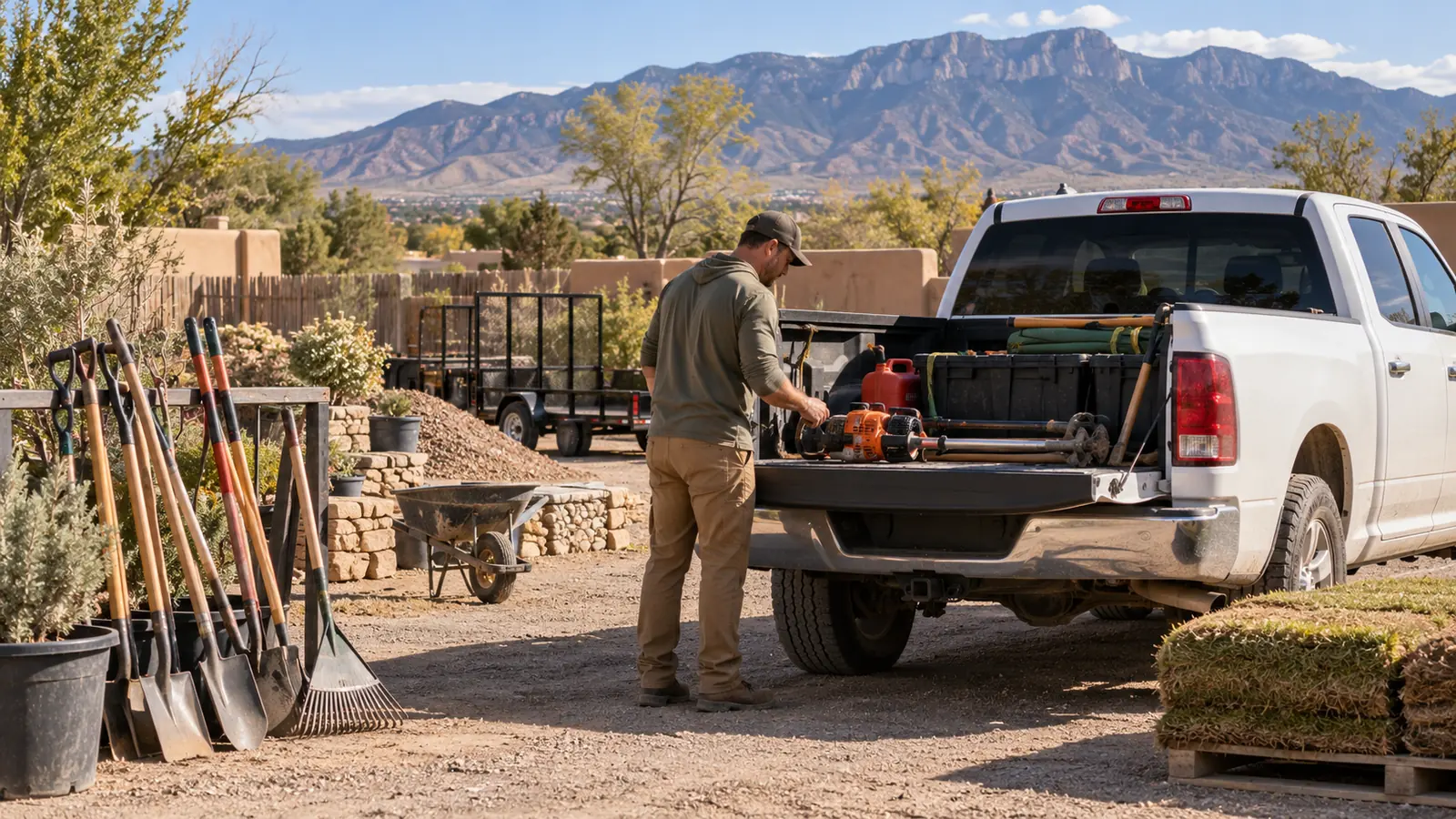 Landscaping company owner inspecting equipment in a New Mexico yard