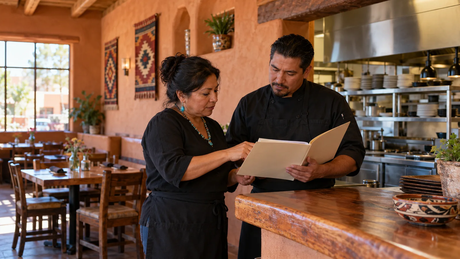 Restaurant owner and manager reviewing a folder before opening
